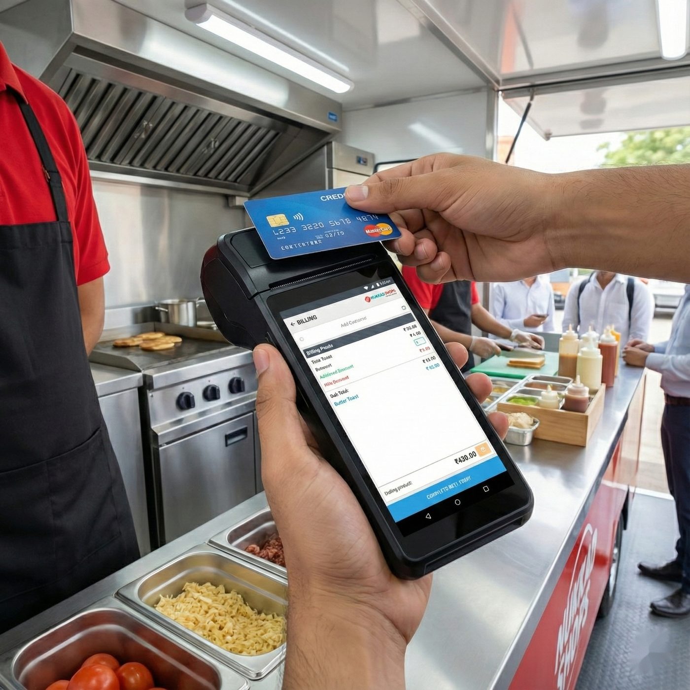 Card payment on a handheld terminal in a food-truck kitchen