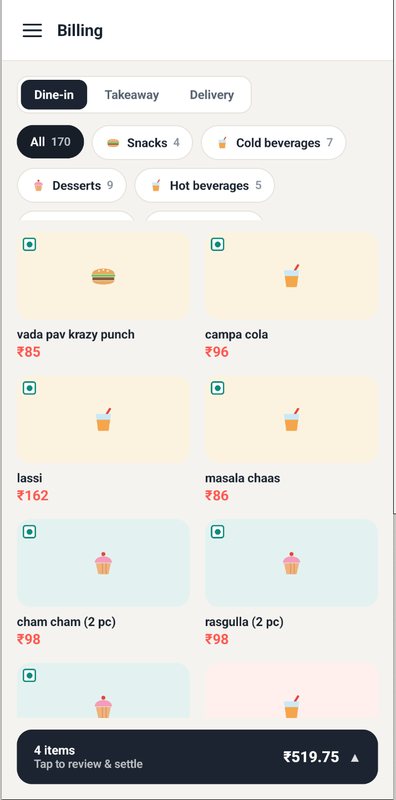 DINO mobile POS menu on a phone