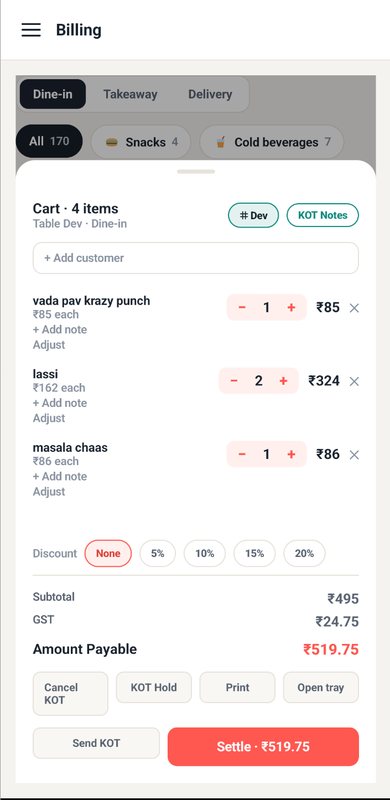 DINO mobile POS cart on a phone with GST and send KOT