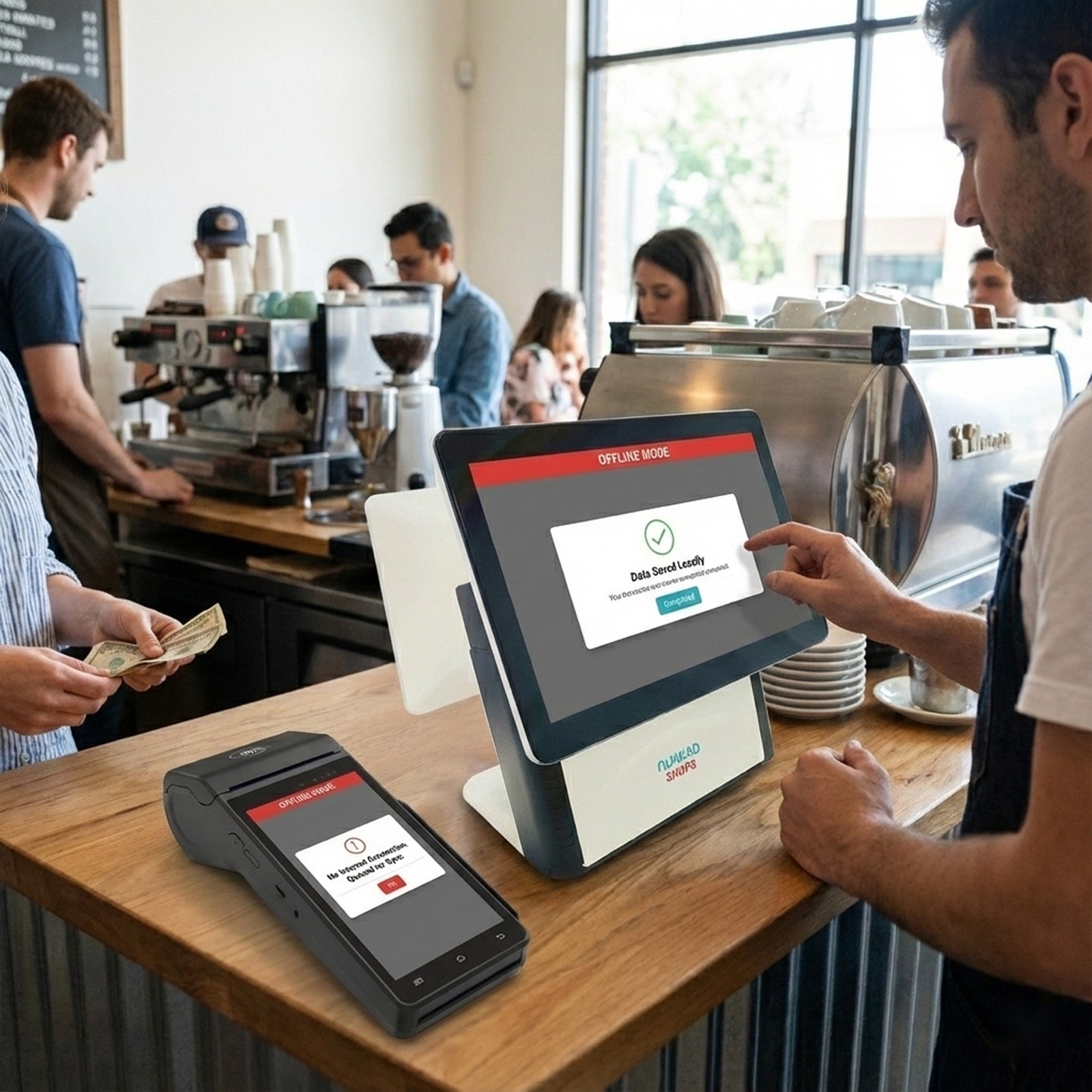 Café counter running DINO POS with a customer-facing handheld