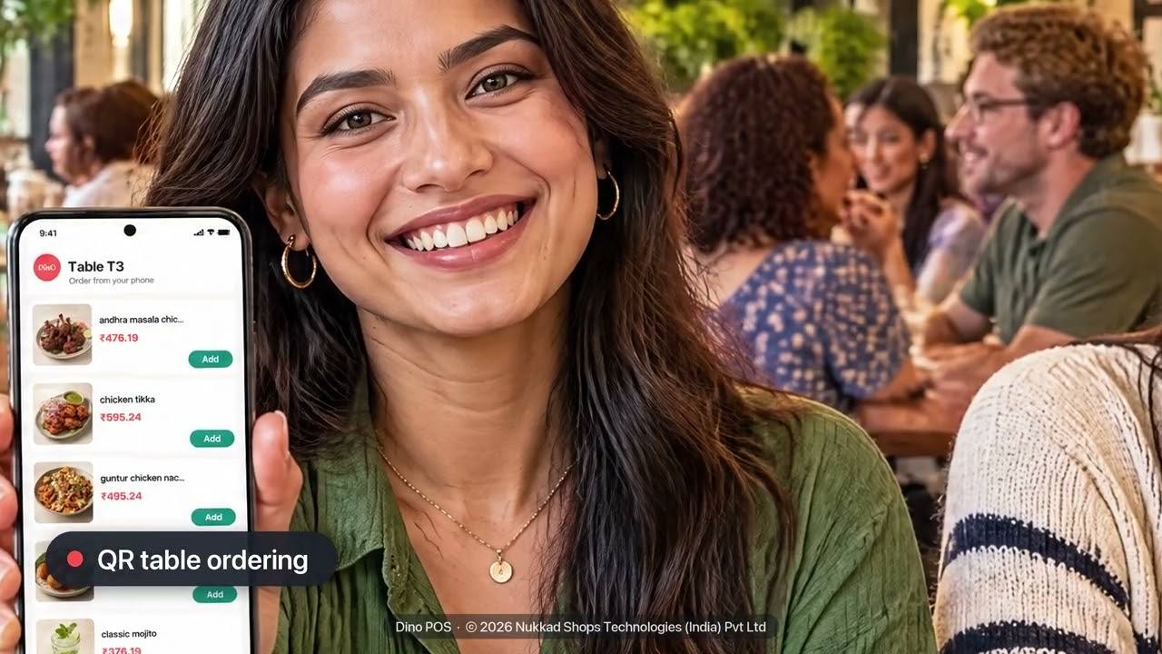A diner orders from her phone with DINO's QR table ordering, a still from the DINO video